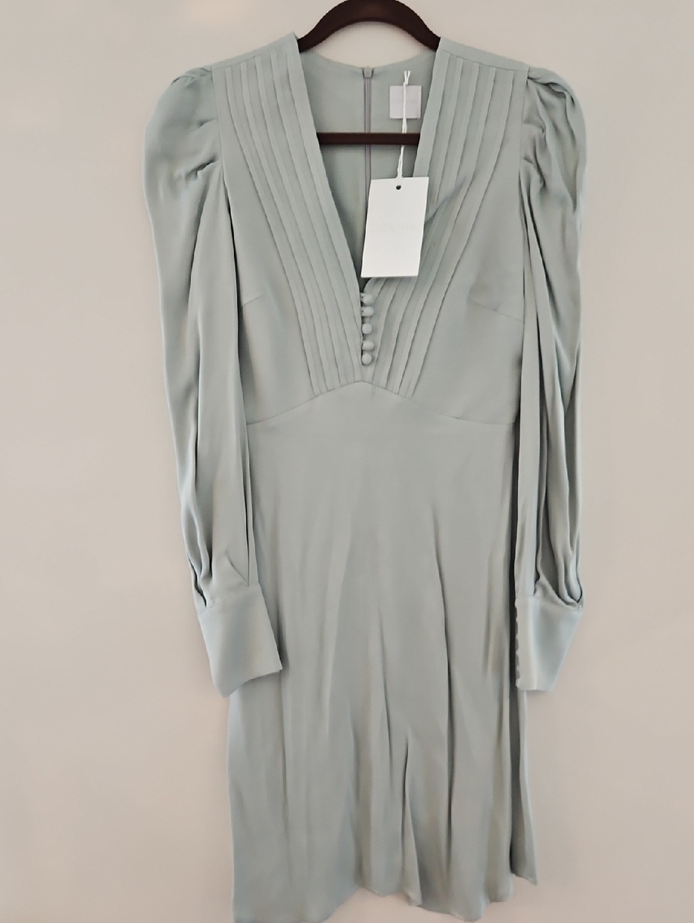 Designer Women's Pleated front V-Neck Long Sleeve Dress - Sage, Size S